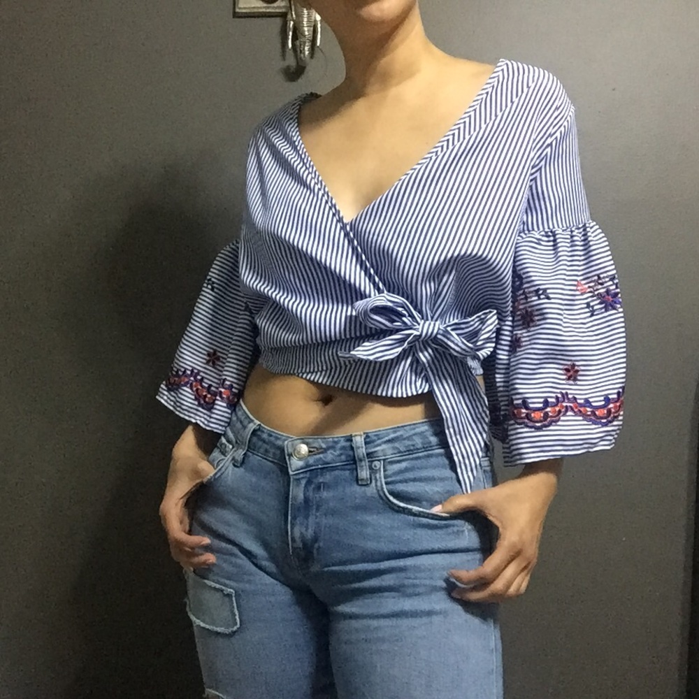Embroidered Stripe Wrap Top